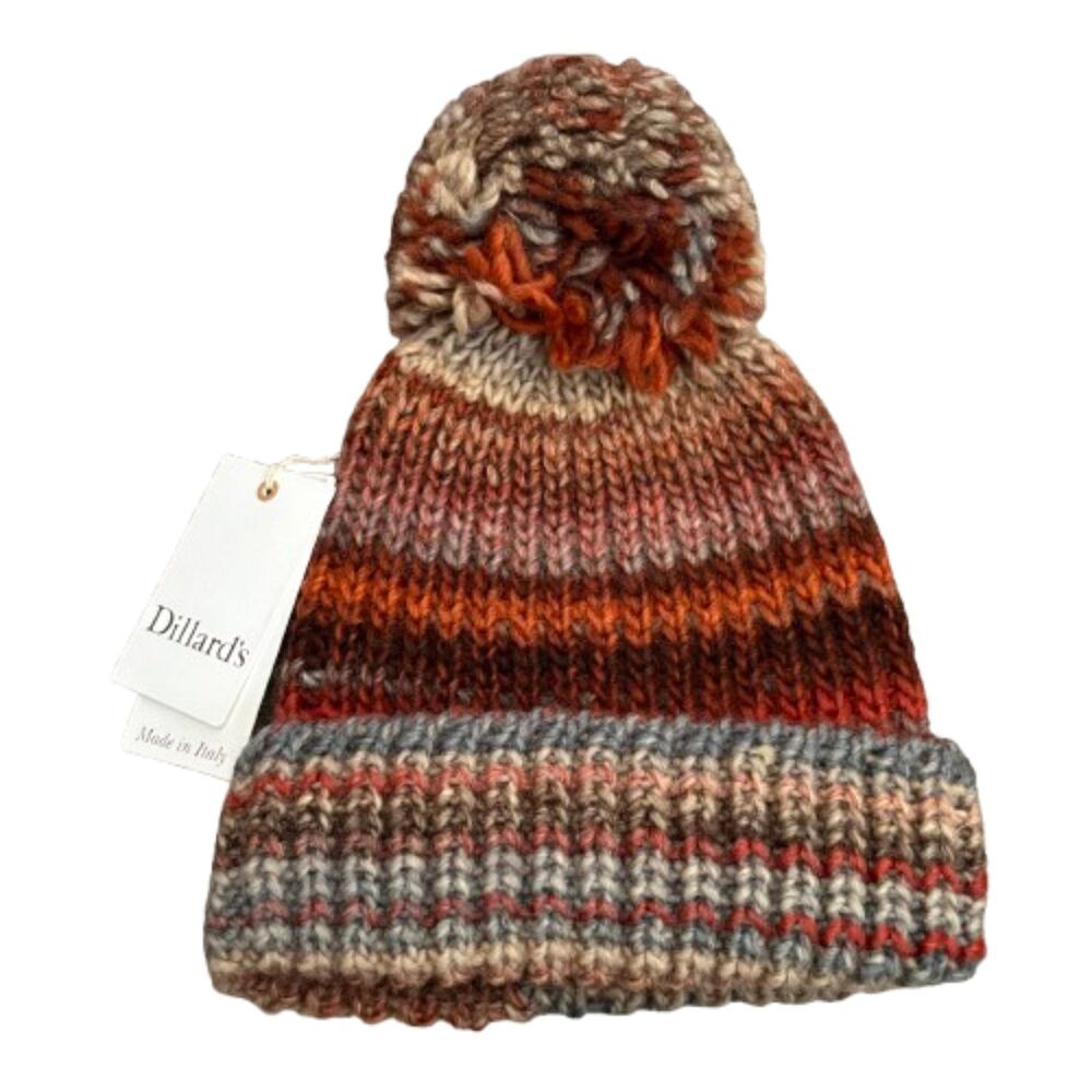 NWT Dillard's PomPom Beanie Wool Blend Stripe Knit Made in Italy Fall Earthy